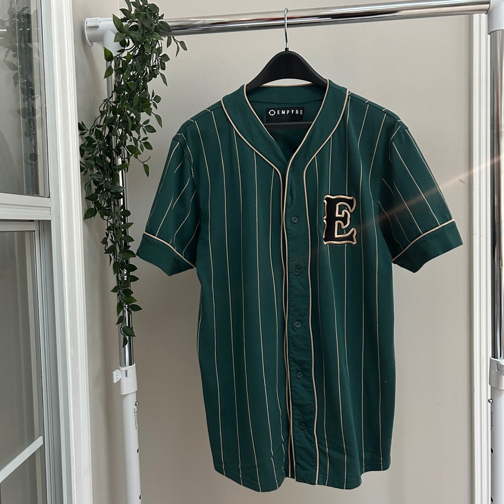 Gently Used Empyre Mens Green Pinstripe Baseball Jersey XL Embroidered E Patch